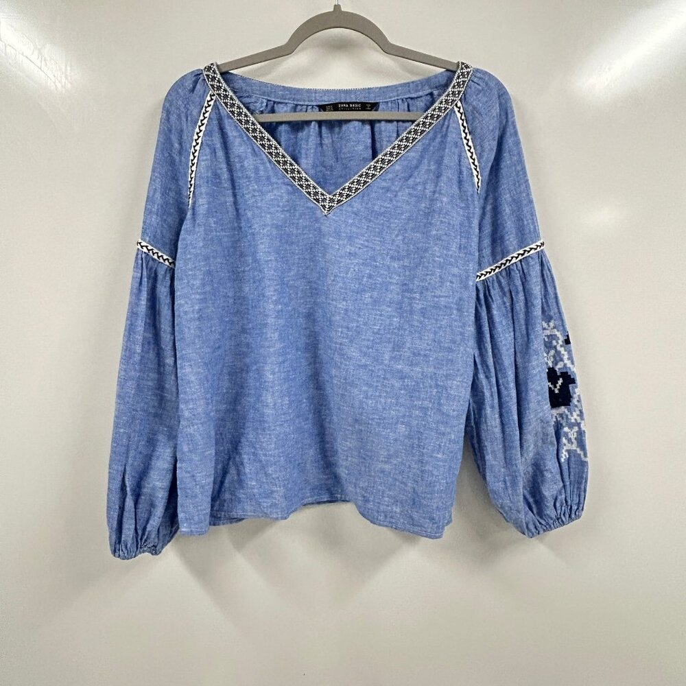Zara Basic Blue Peasant Top Medium Boho Embroider… - image 1